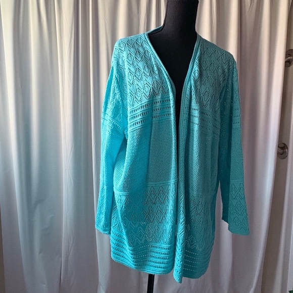 Alfred Dunner Women's Turquoise Open Front Lacey Knit Cardigan - 3X - Picture 1 of 13